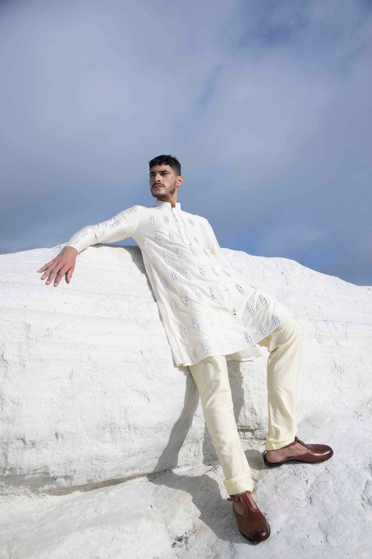 Pastel Silk Kurta with hand embroidered mirror work paired with Alighari pyjami