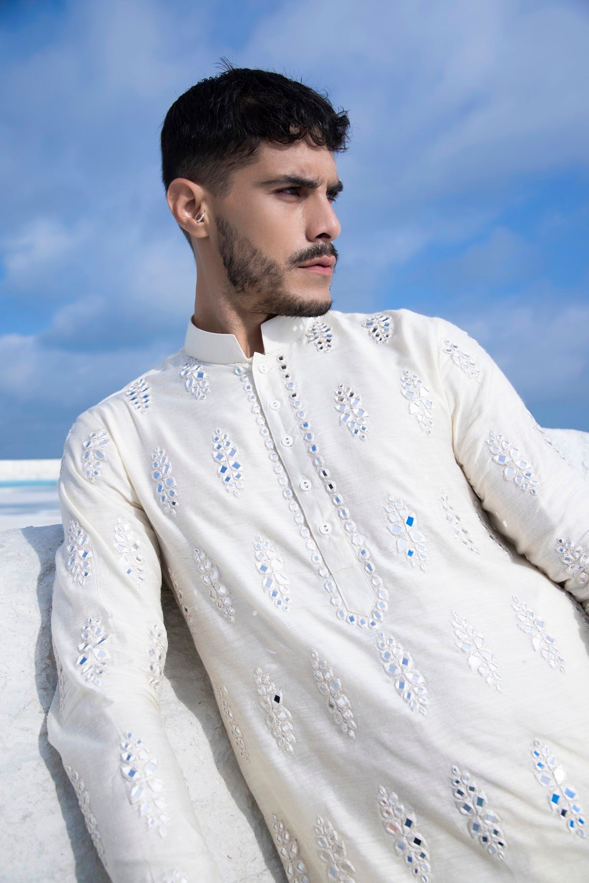 Pastel Silk Kurta with hand embroidered mirror work paired with Alighari pyjami