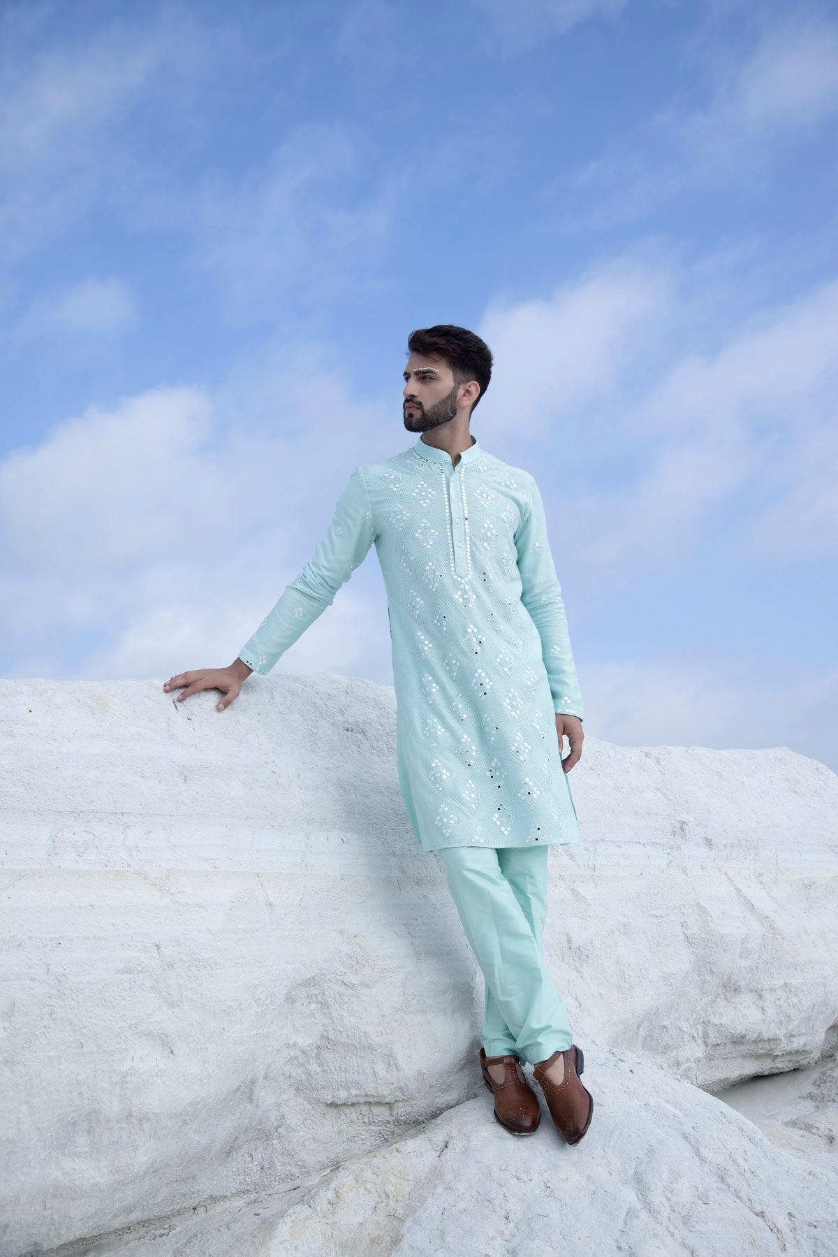 Pastel Silk Kurta with hand embroidered mirror work paired with Alighari pyjami