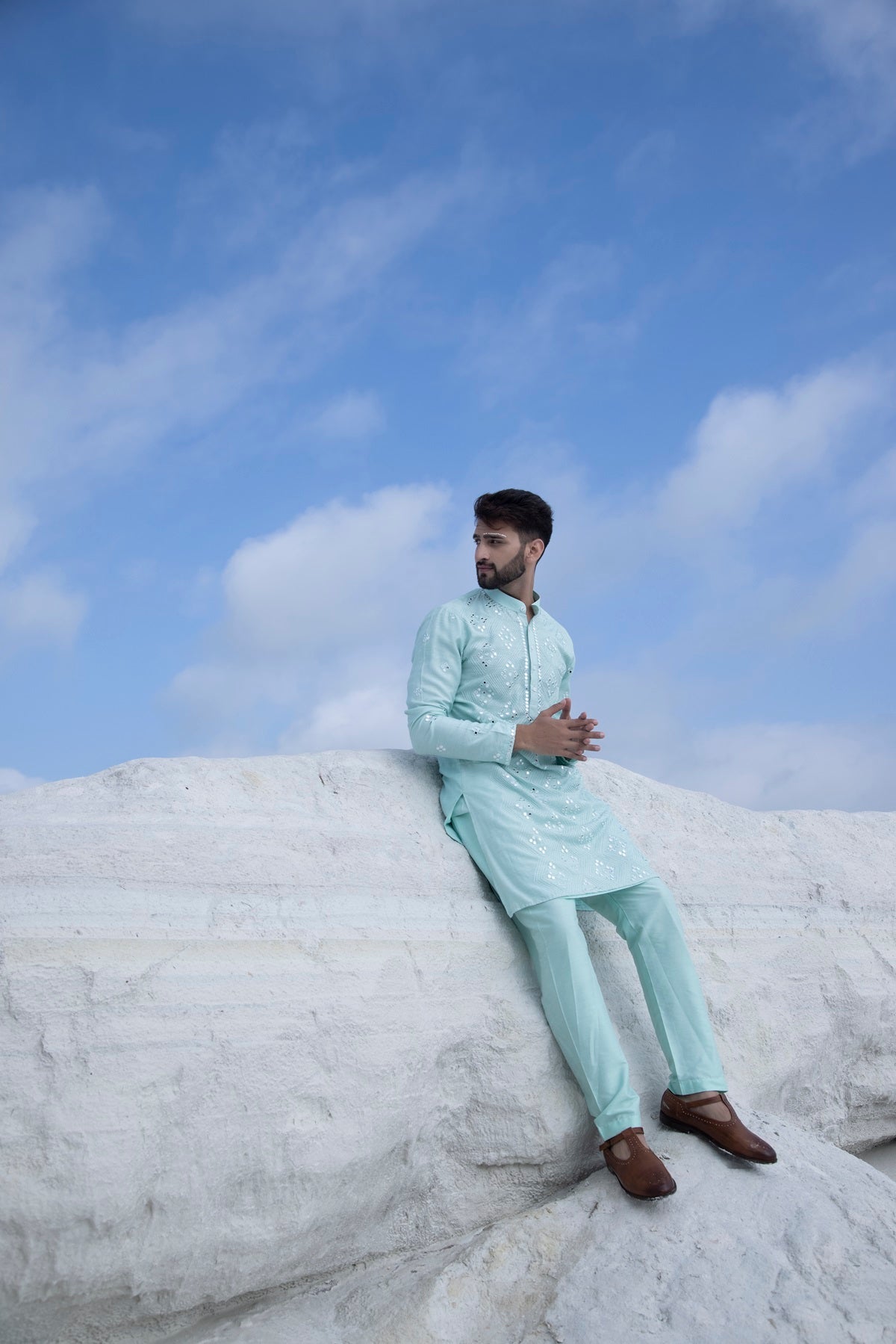 Pastel Silk Kurta with hand embroidered mirror work paired with Alighari pyjami