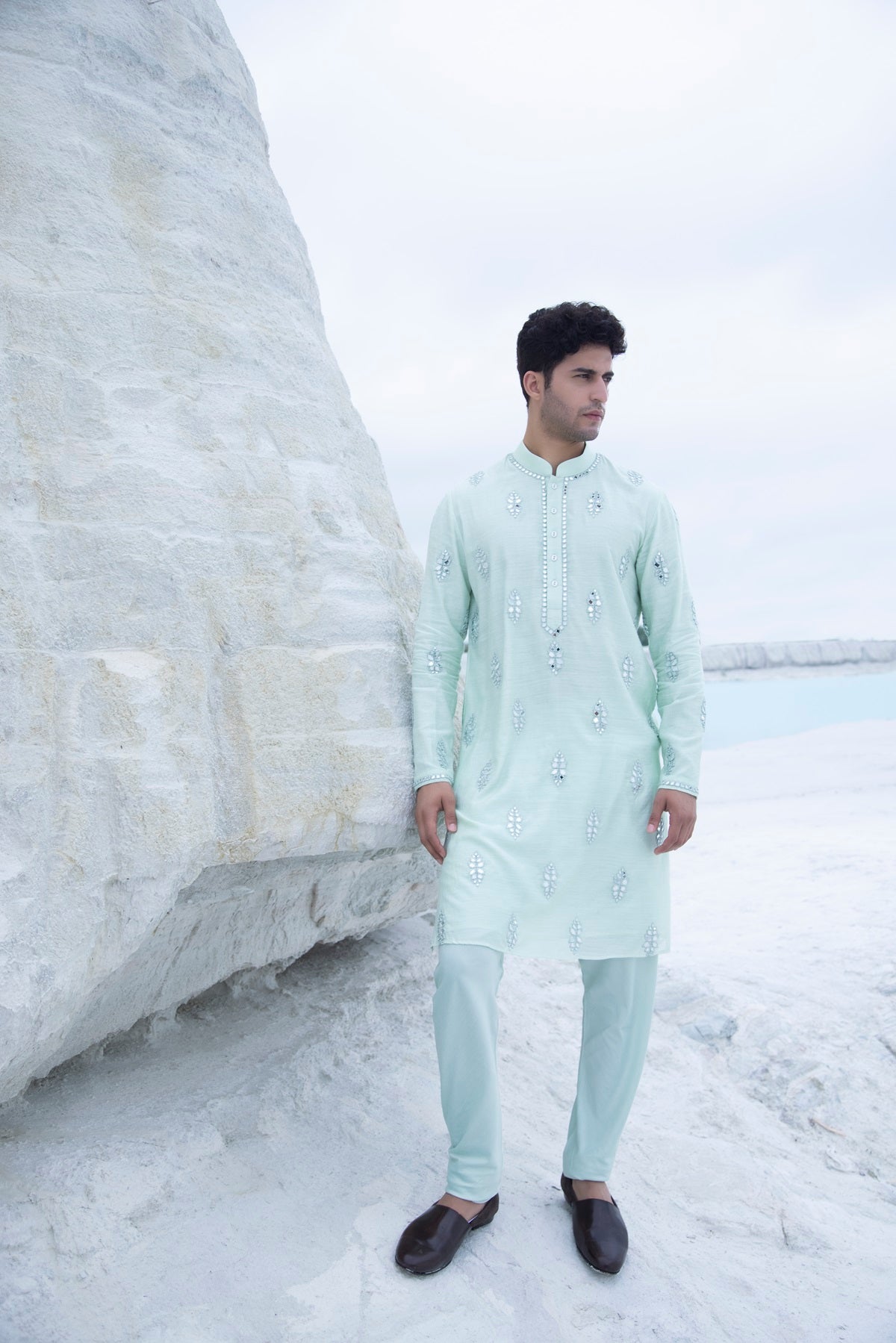Pastel Silk Kurta with hand embroidered mirror work paired with Alighari pyjami