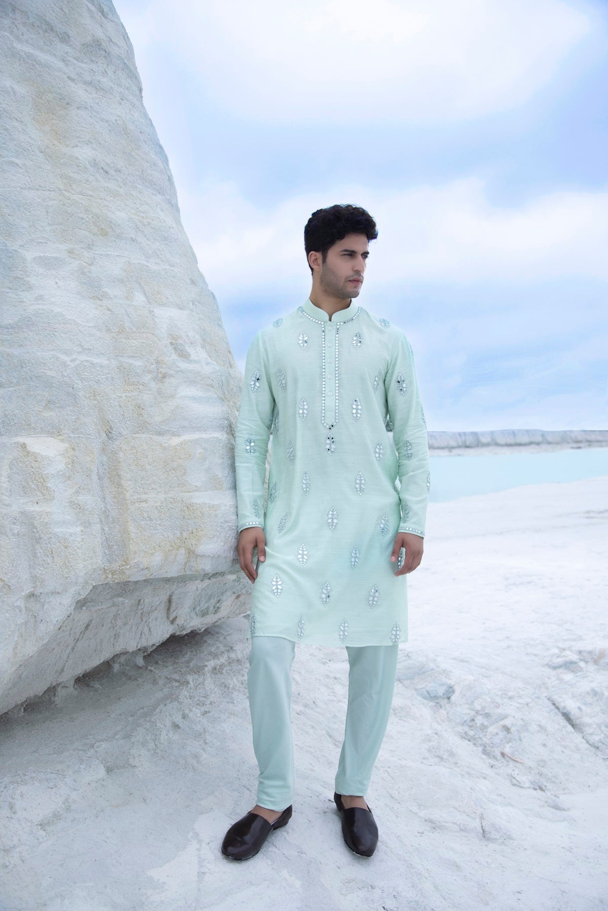 Pastel Silk Kurta with hand embroidered mirror work paired with Alighari pyjami
