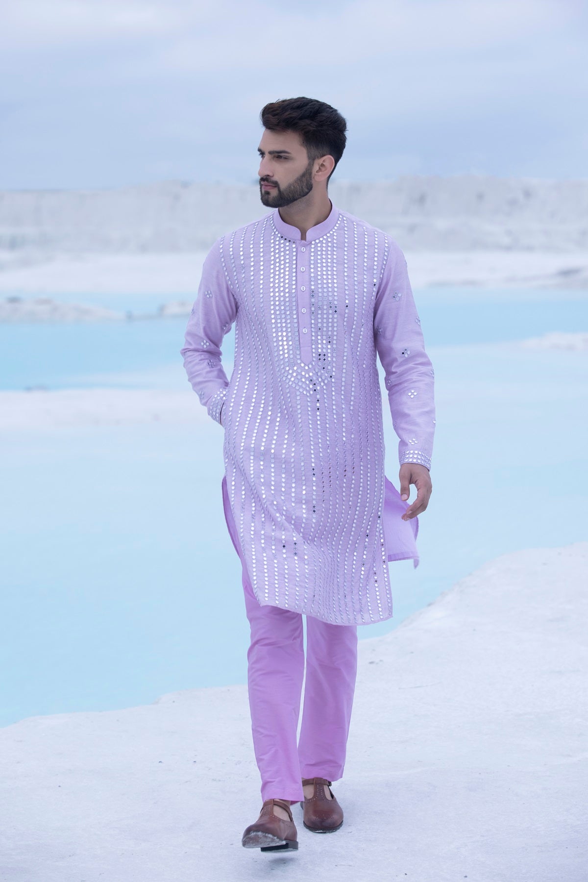 Pastel Silk Kurta with hand embroidered mirror work paired with Alighari pyjami