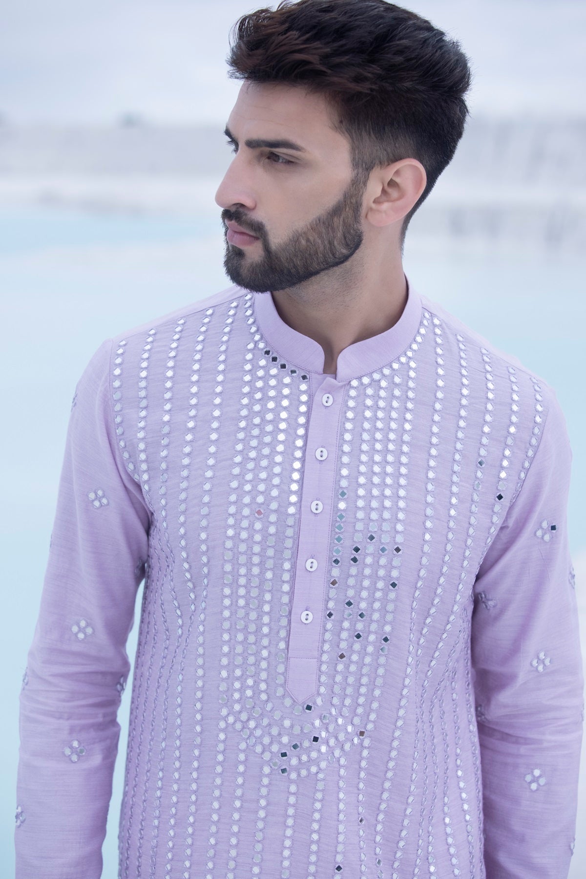 Pastel Silk Kurta with hand embroidered mirror work paired with Alighari pyjami