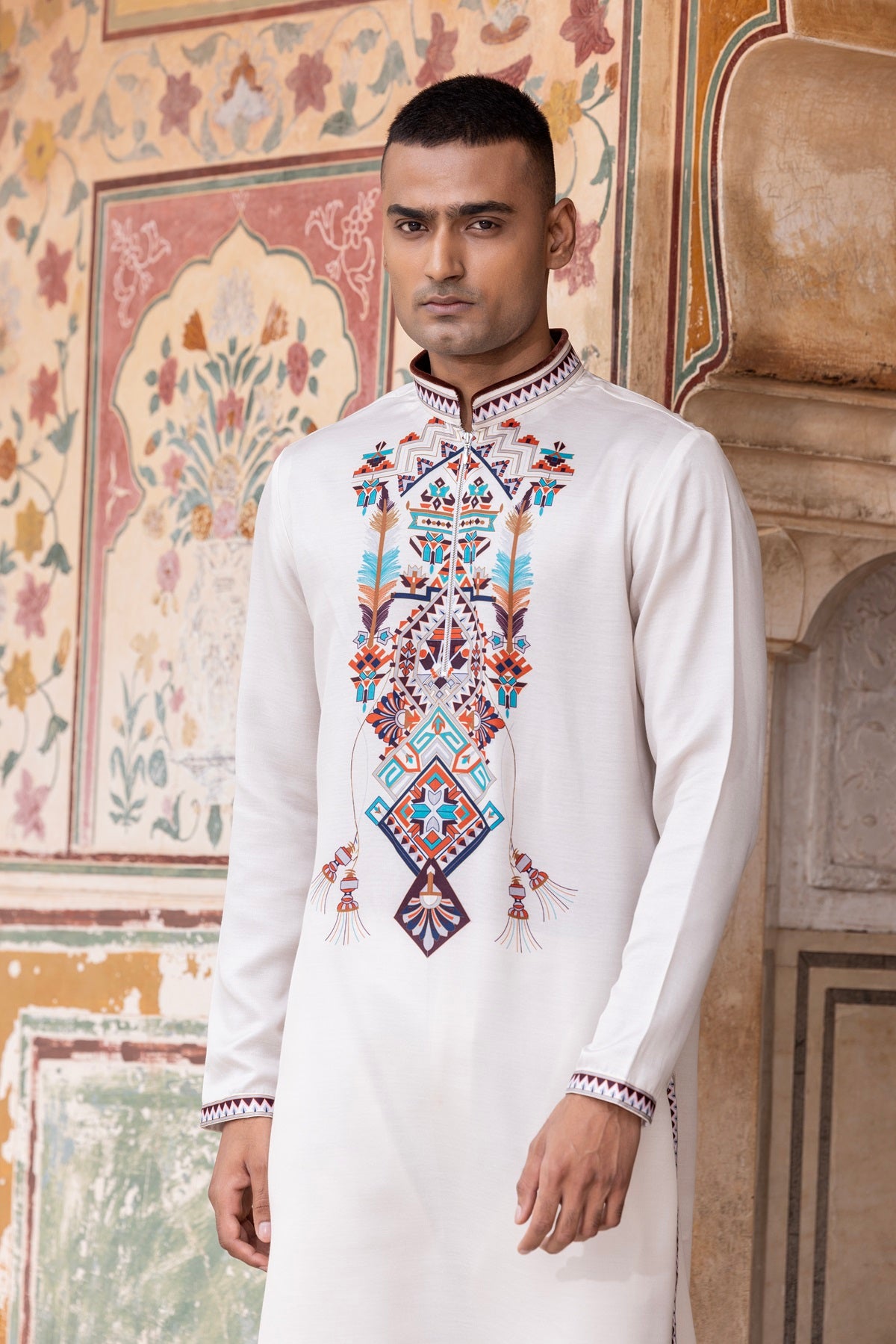 Digital print kurta paired with aligadhi.