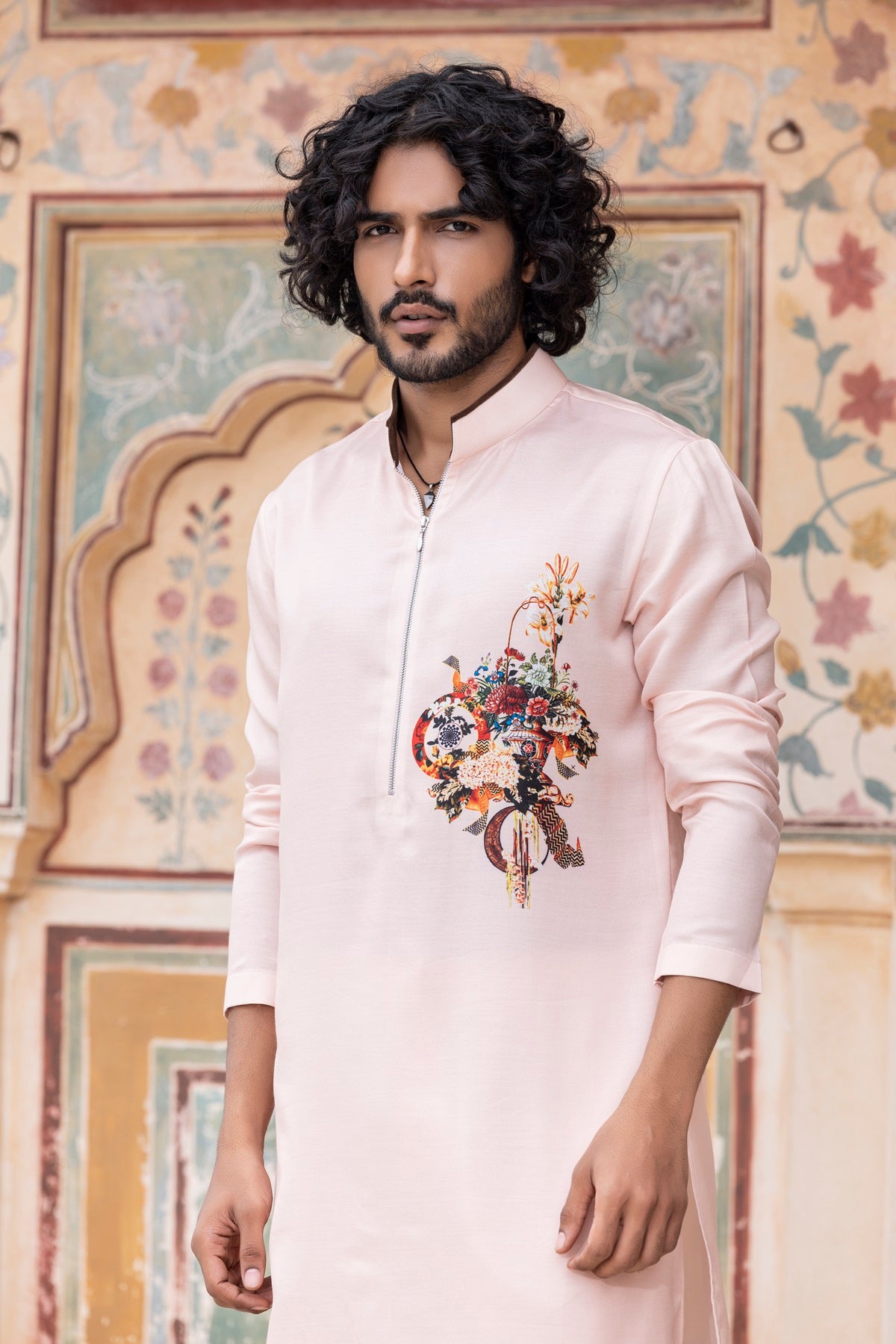 Digital print kurta paired with aligadhi.
