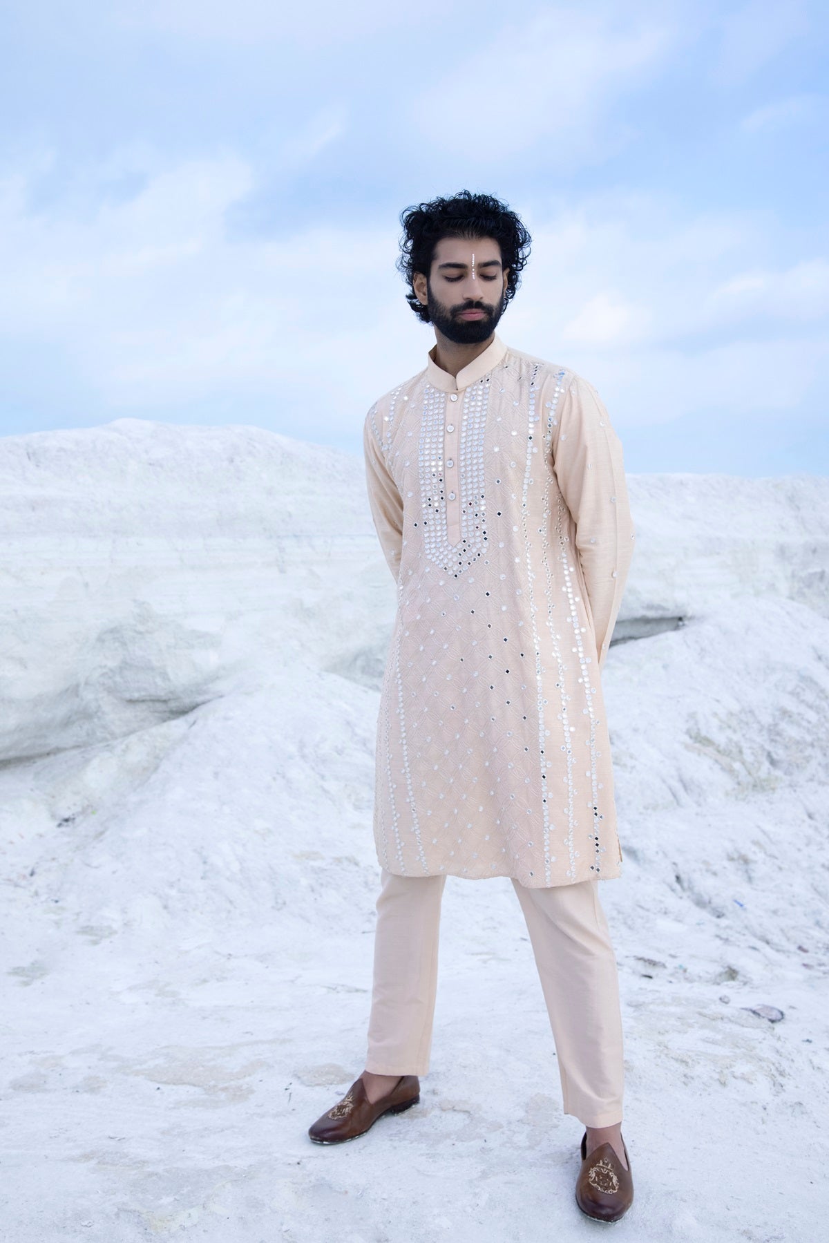 Pastel Silk Kurta with hand embroidered mirror work paired with Alighari pyjami