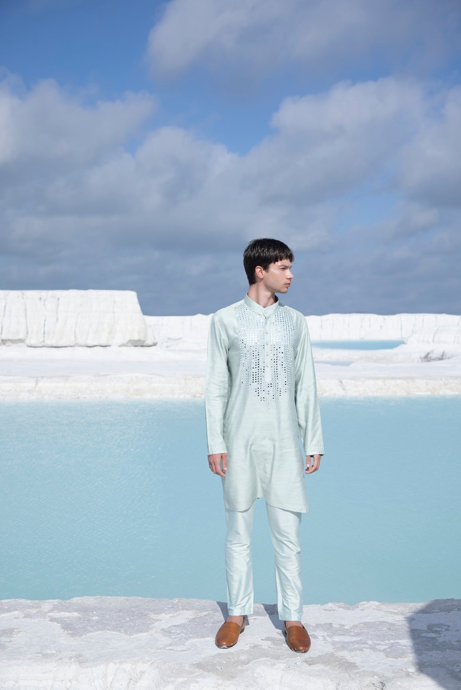 Pastel Silk Kurta with hand embroidered mirror work paired with Alighari pyjami