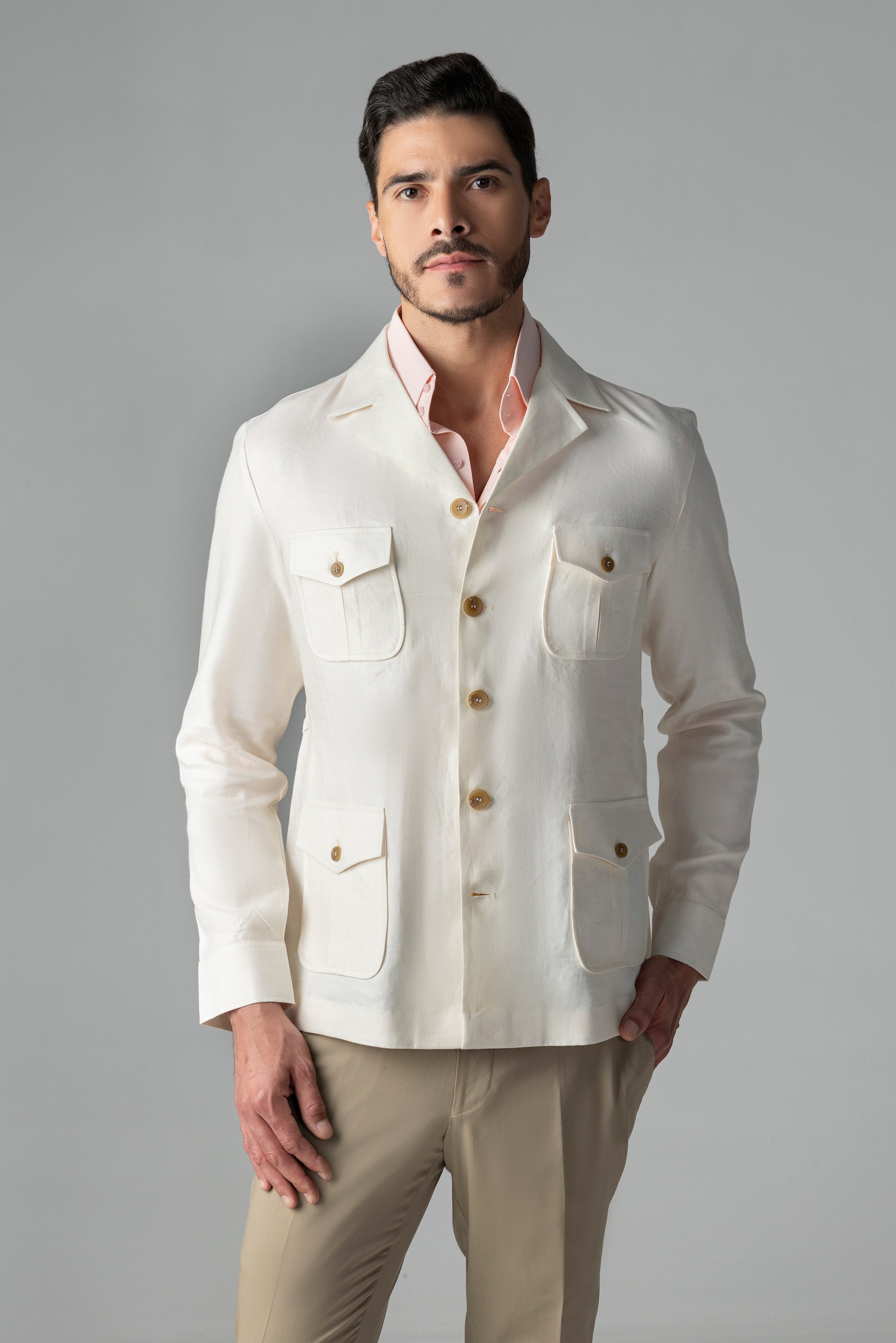 Cream linen shacket with four patch pockets, Cuban collar and contrast button detailing