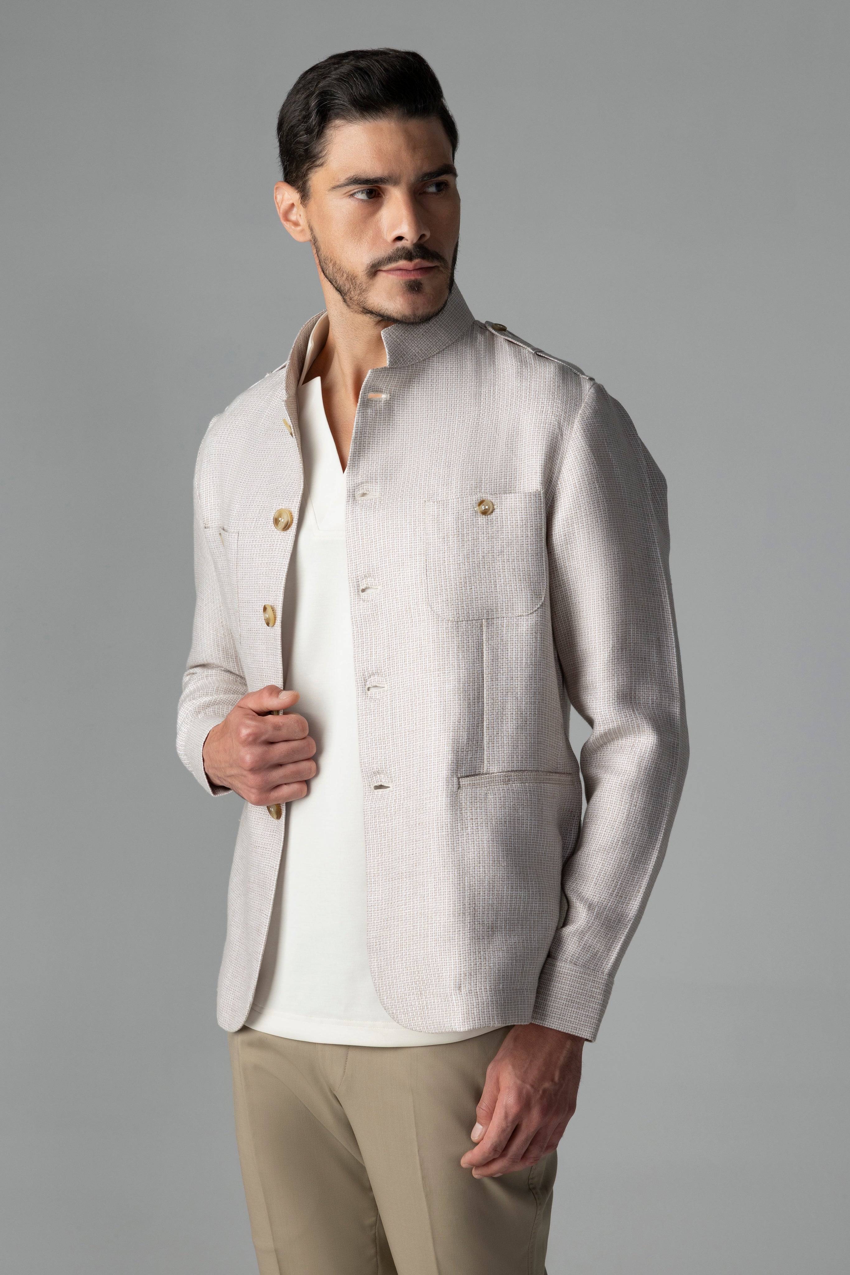 Textured beige linen shacket with two patch pockets, two bone pockets, Mandarin collar & contrast button detailing