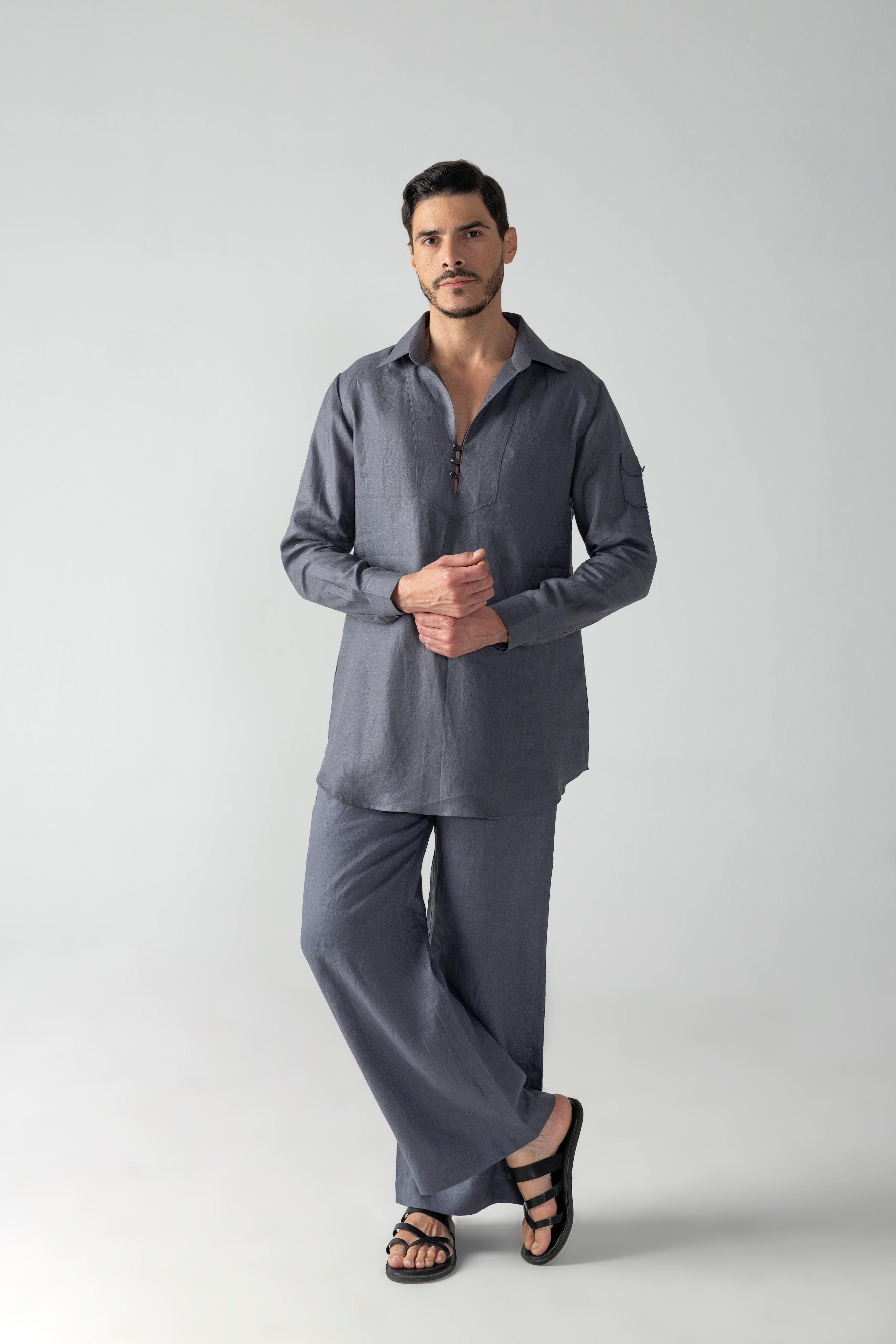 Grey short linen kurta with button detailing, paired with a matching plazzo