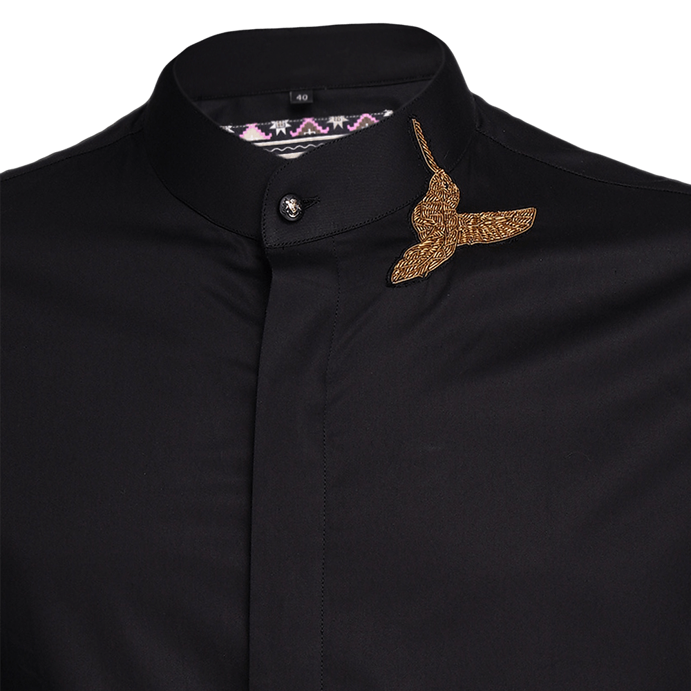 Black long-sleeved evening shirt with Hummingbird hand-embroidery