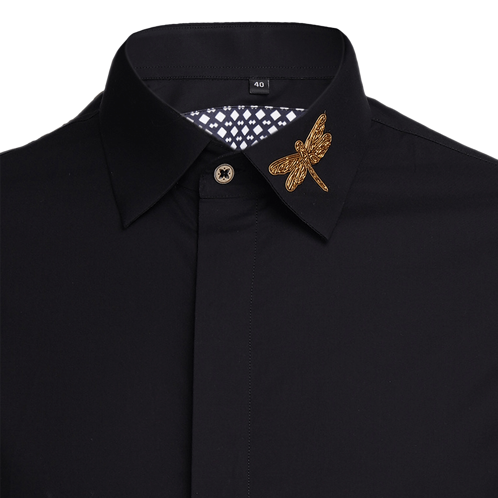 Black long-sleeved evening shirt with zardozi Dragonfly