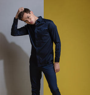 Navy Blue long-sleeved evening shirt with book embroidery