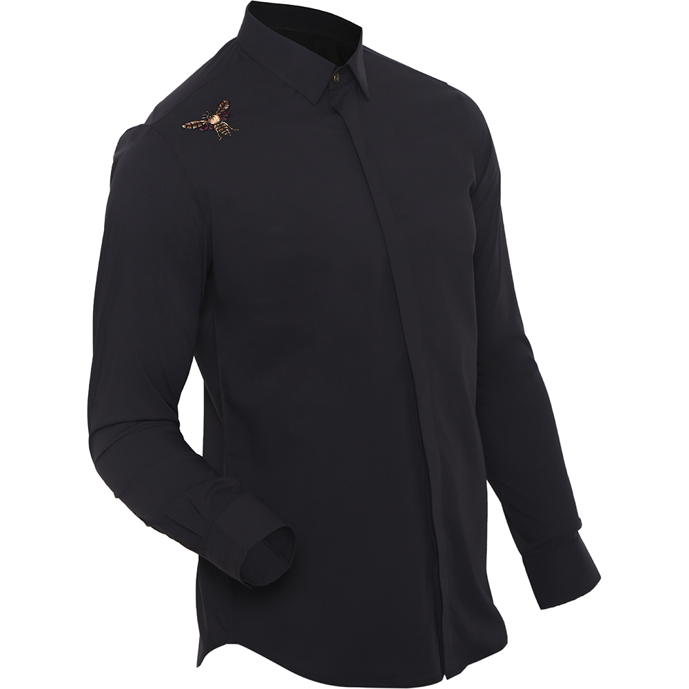 Black long-sleeved evening shirt with Bug hand embroidery