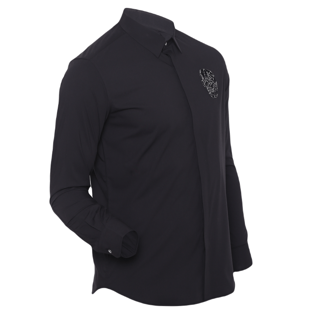 Black long-sleeved evening shirt with gold Lion hand embroidery