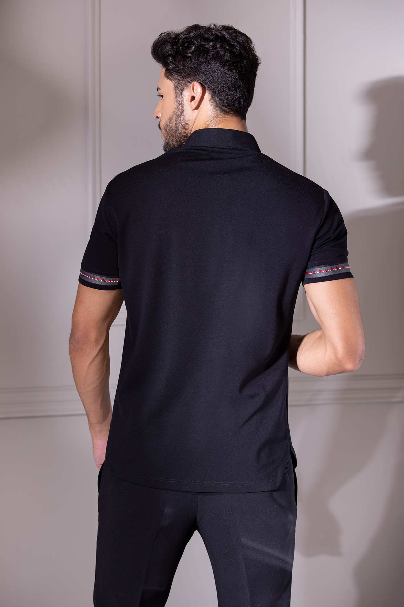 Black half-sleeved t-shirt with zipper & trims detailing