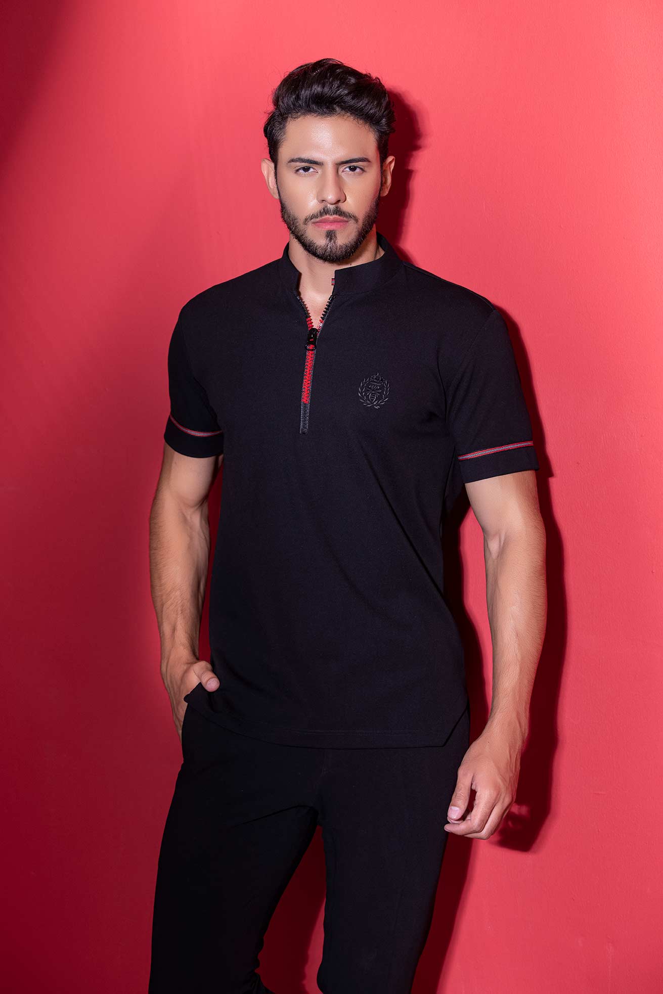 Black half-sleeved t-shirt with zipper & trims detailing