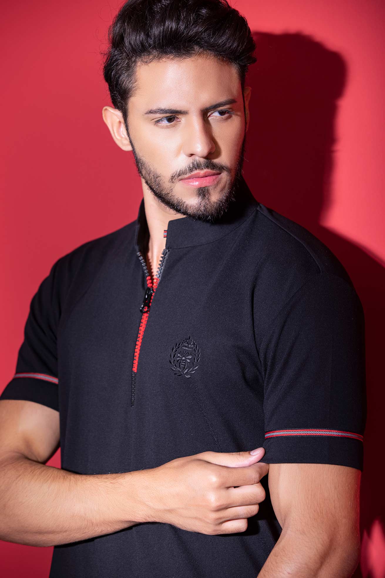 Black half-sleeved t-shirt with zipper & trims detailing