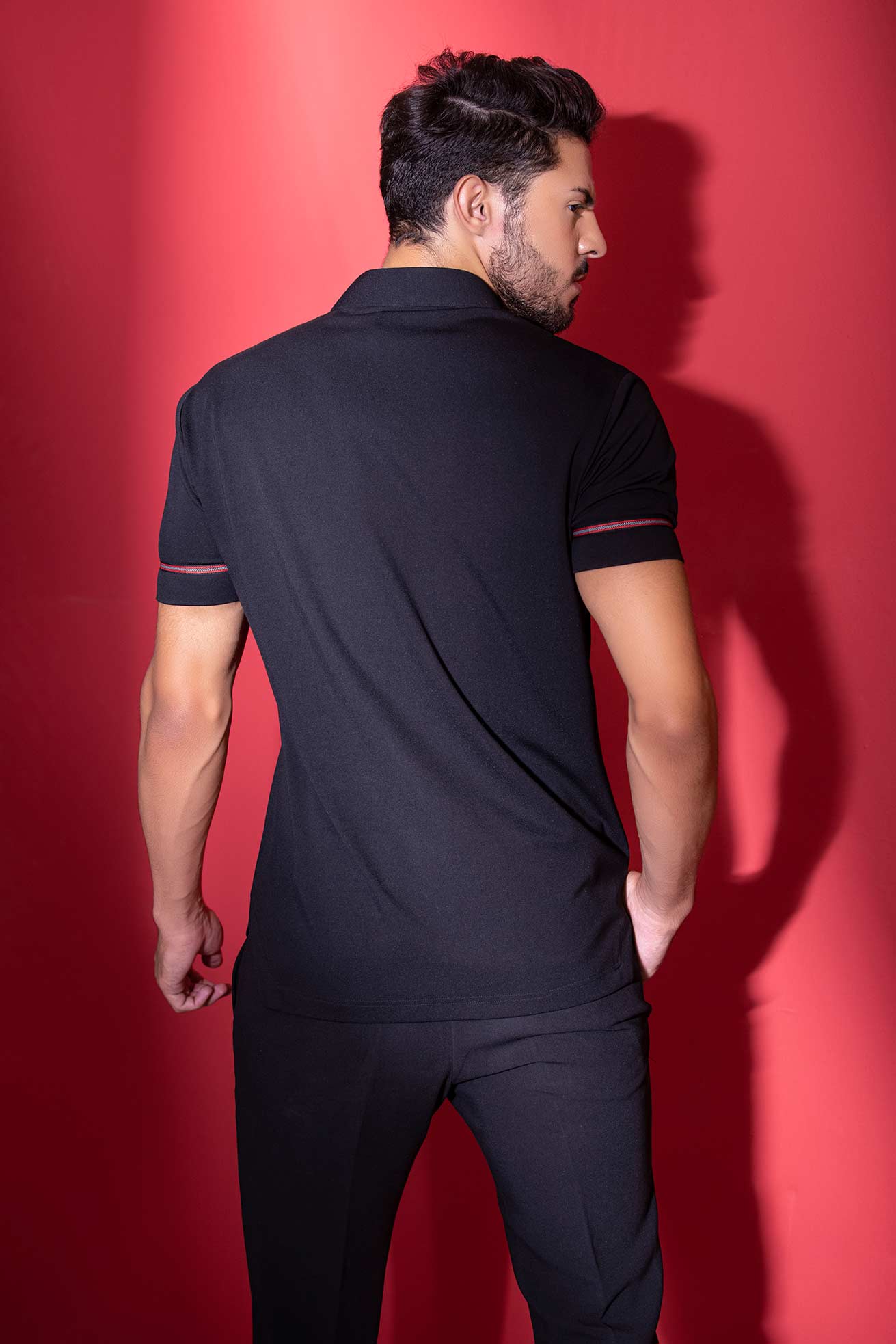 Black half-sleeved t-shirt with zipper & trims detailing