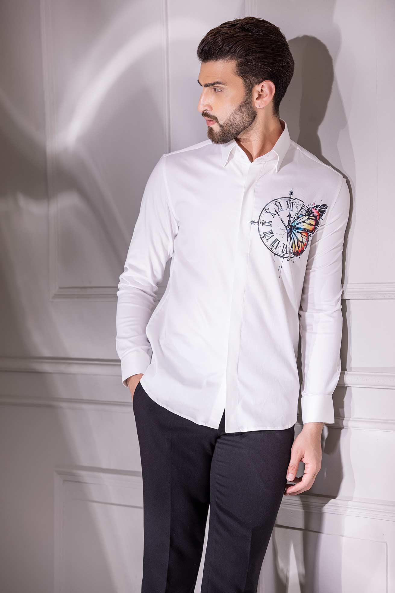 White full-sleeved shirt with digital print clock motif