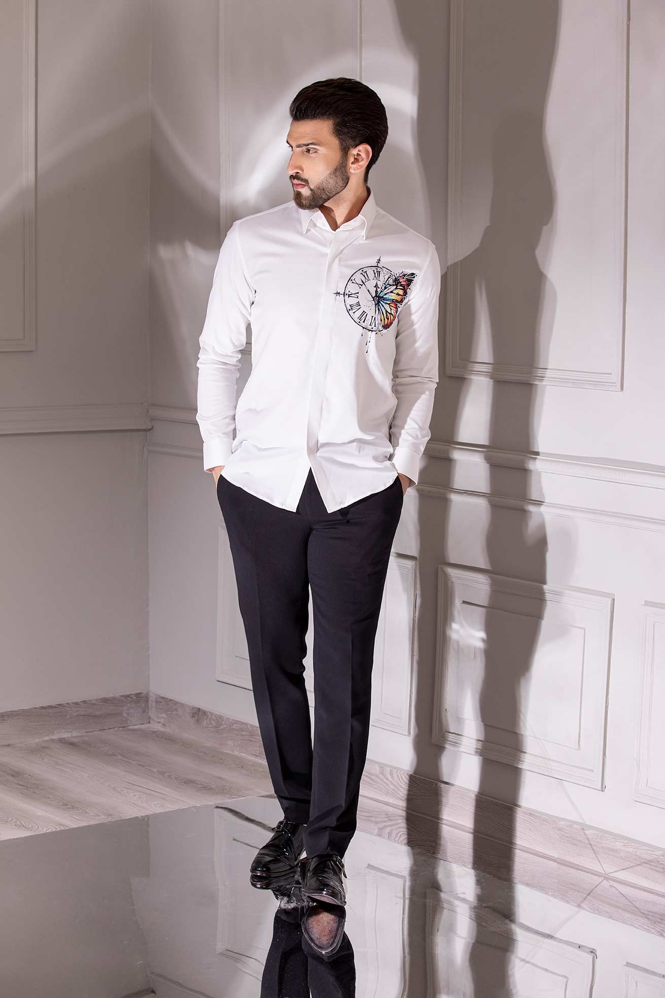 White full-sleeved shirt with digital print clock motif