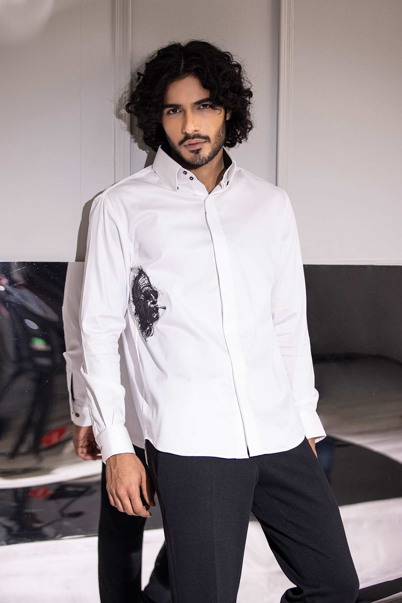 White full-sleeved shirt with digital print face motif