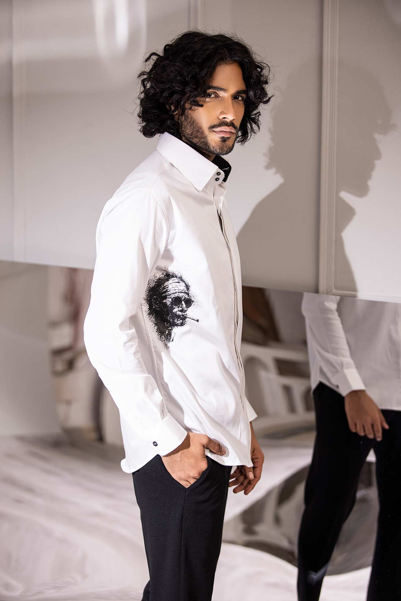 White full-sleeved shirt with digital print face motif