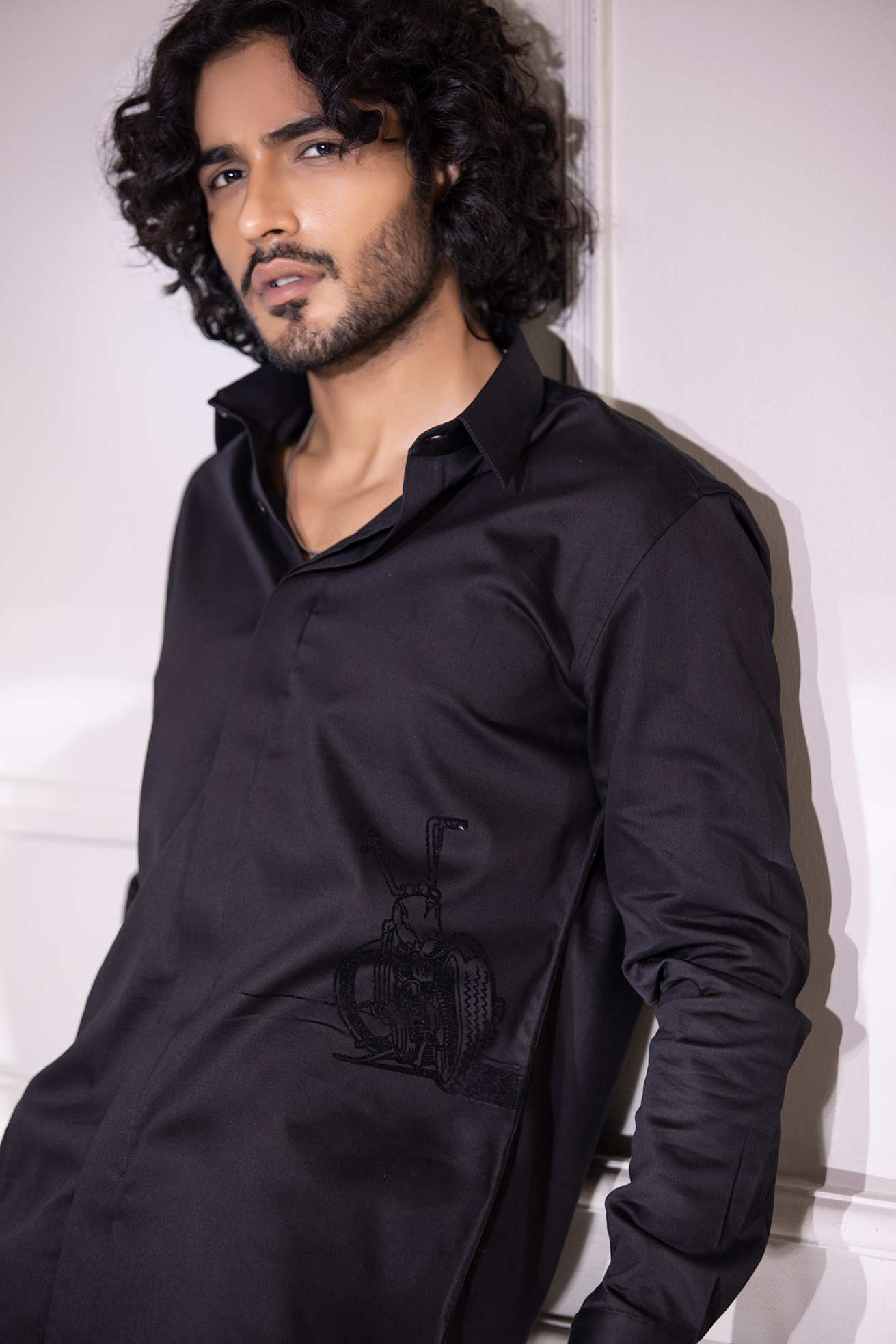 Black full-sleeved shirt with digital print bike motif