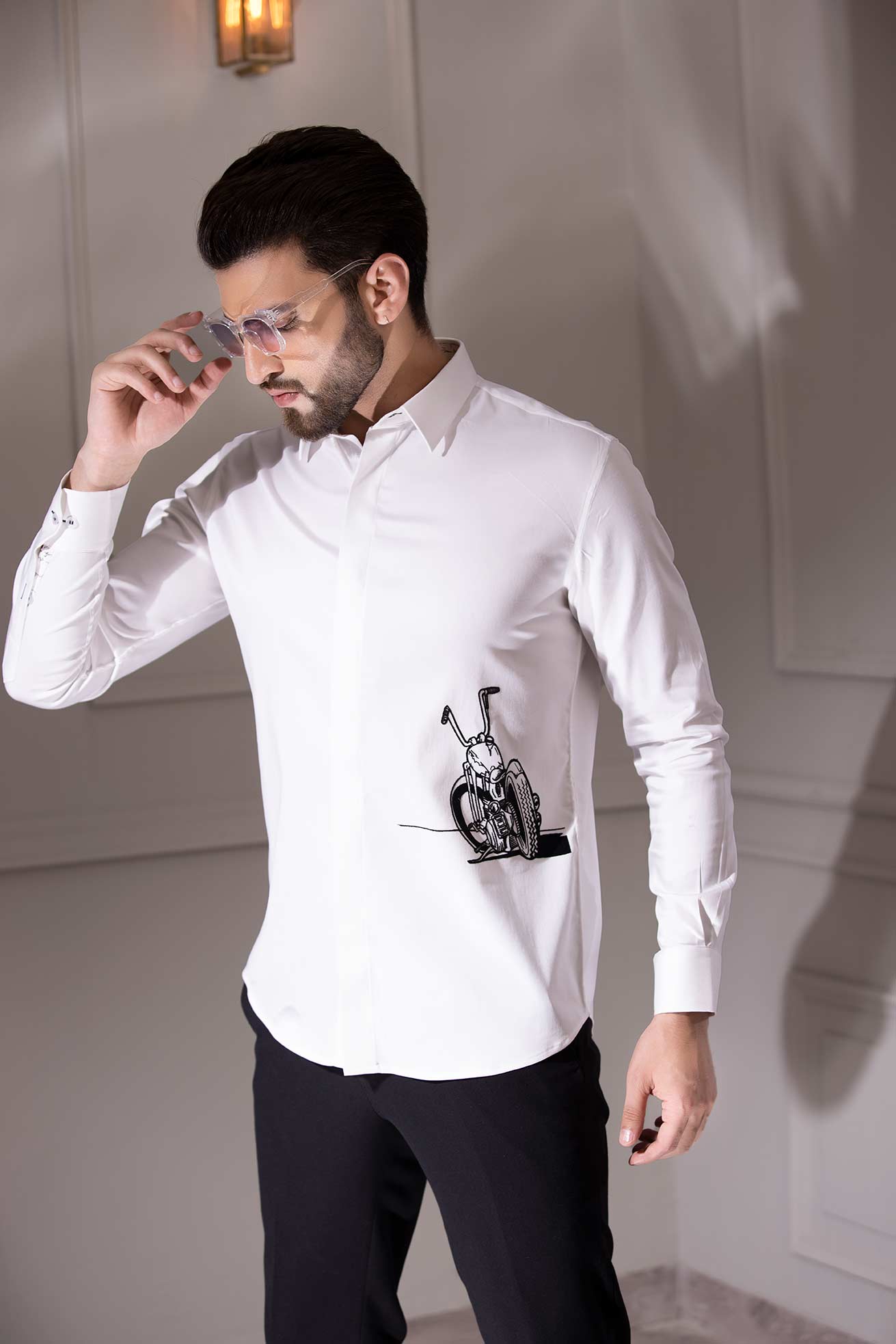 White full-sleeved shirt with digital print bike motif