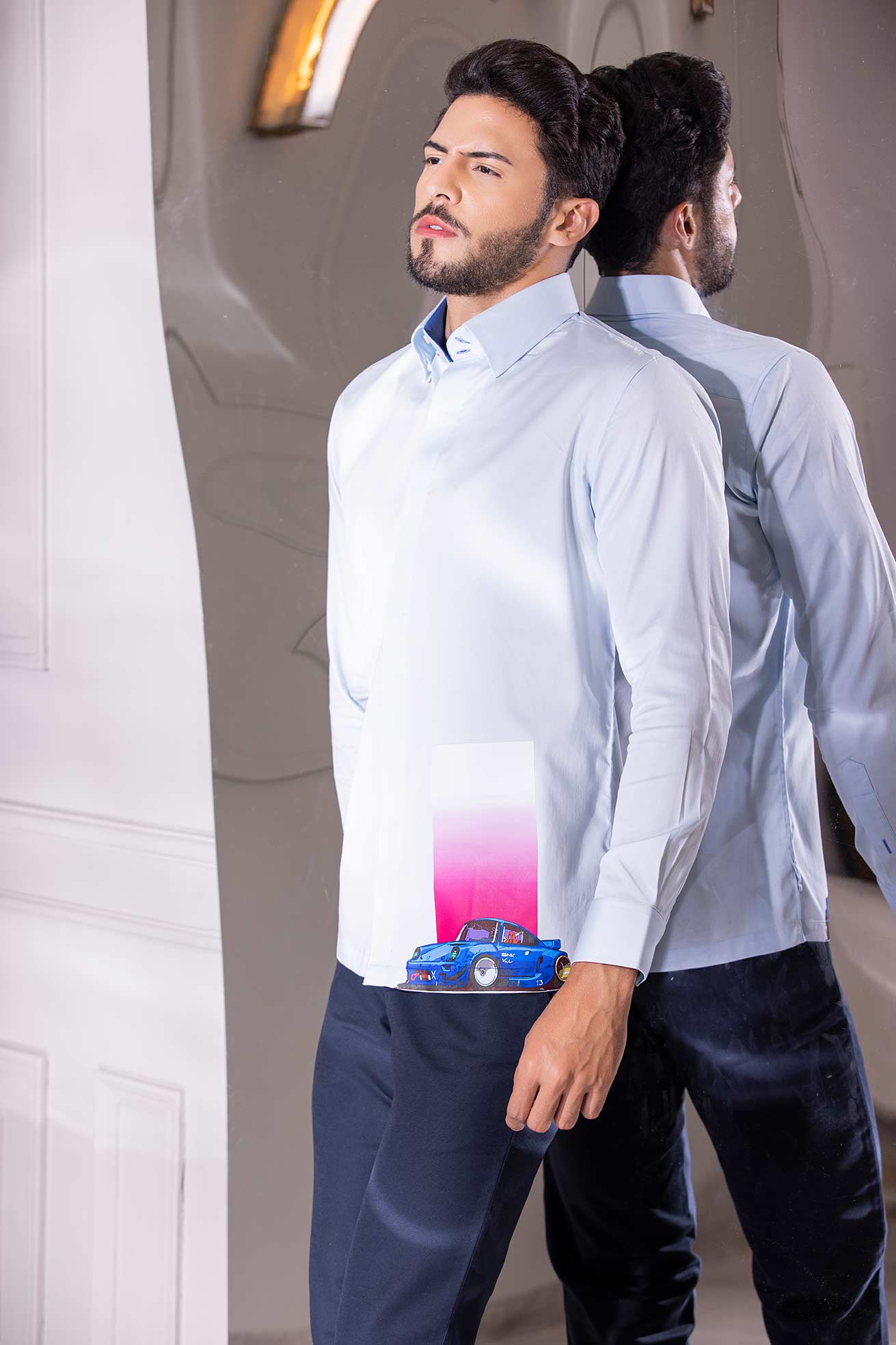 Sky Blue full-sleeved shirt with digital print car motif