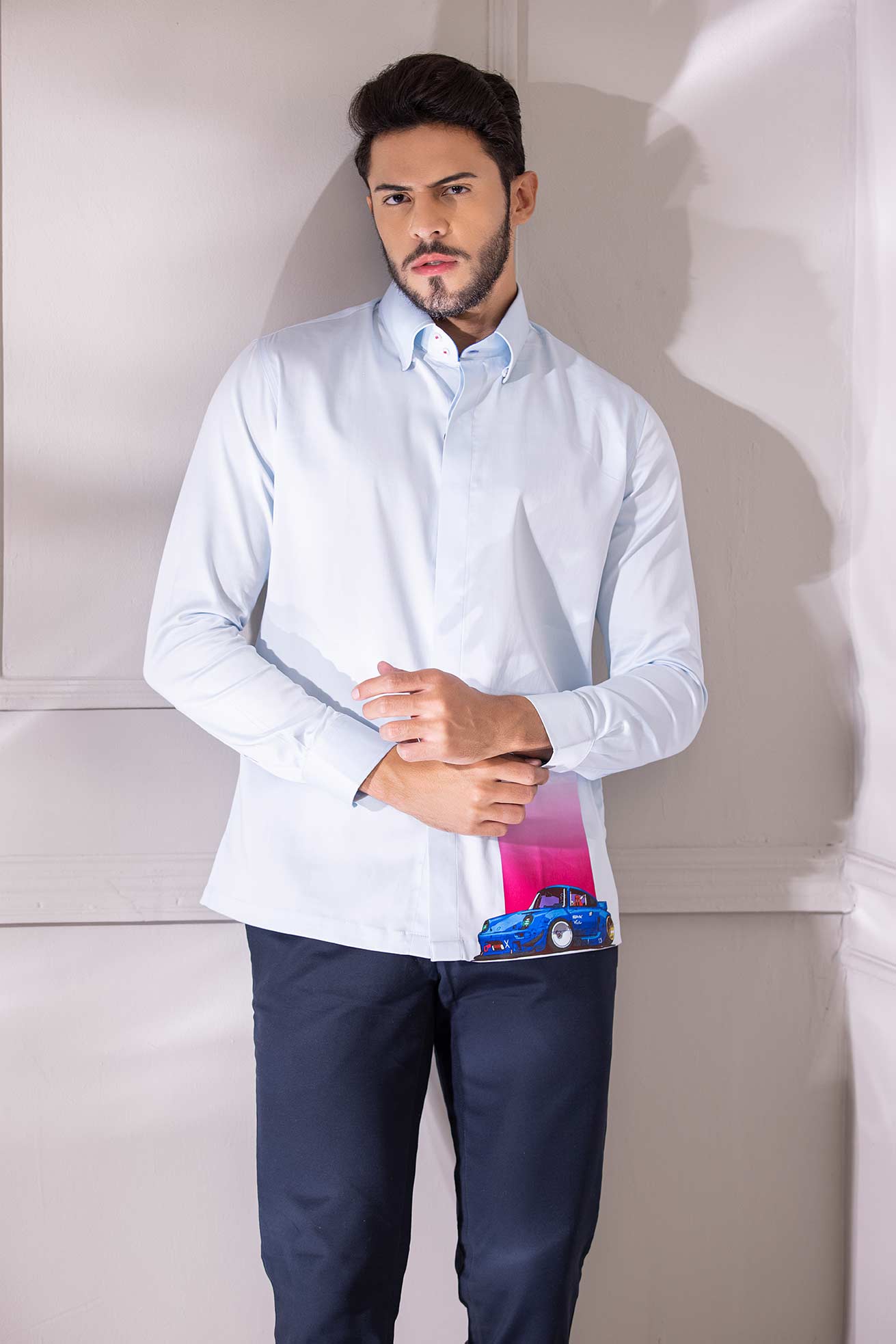 Sky Blue full-sleeved shirt with digital print car motif