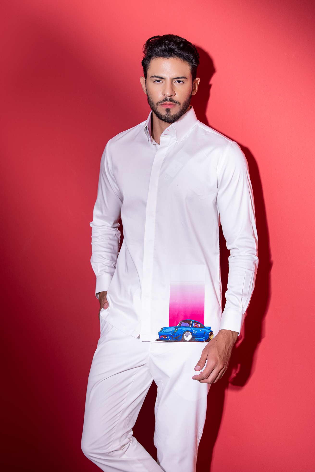 White full-sleeved shirt with digital print car motif