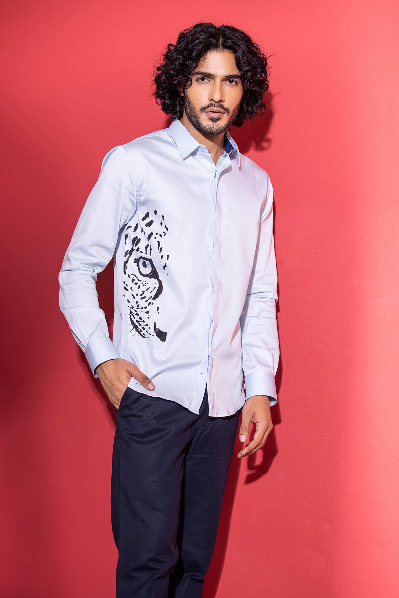 Sky Blue full-sleeved shirt with digital print Cheetah motif