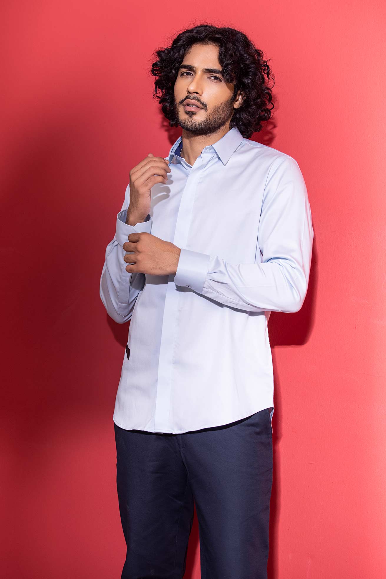 Sky Blue full-sleeved shirt with digital print Cheetah motif