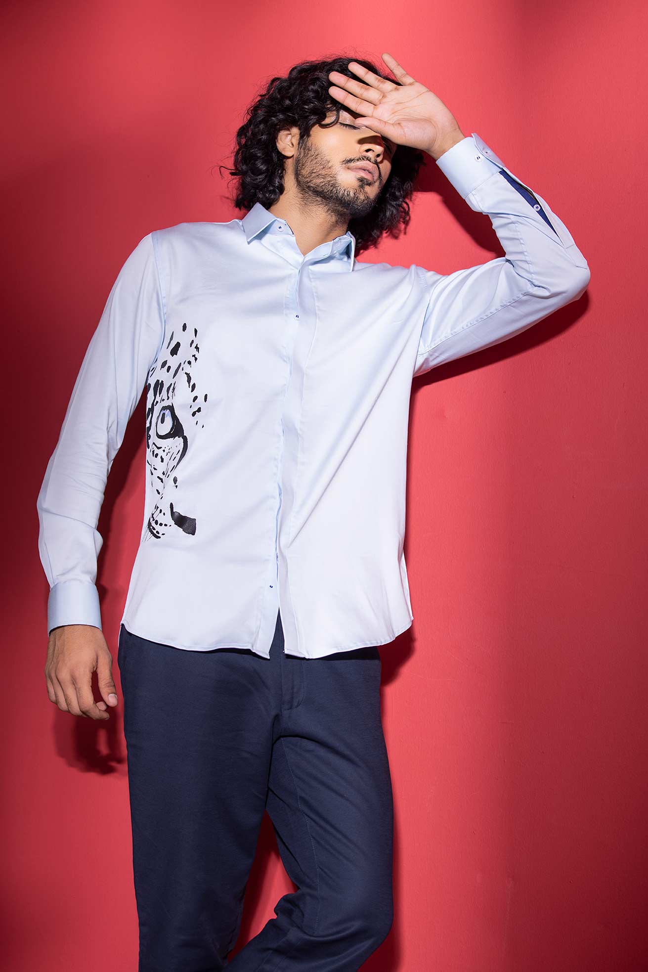 Sky Blue full-sleeved shirt with digital print Cheetah motif