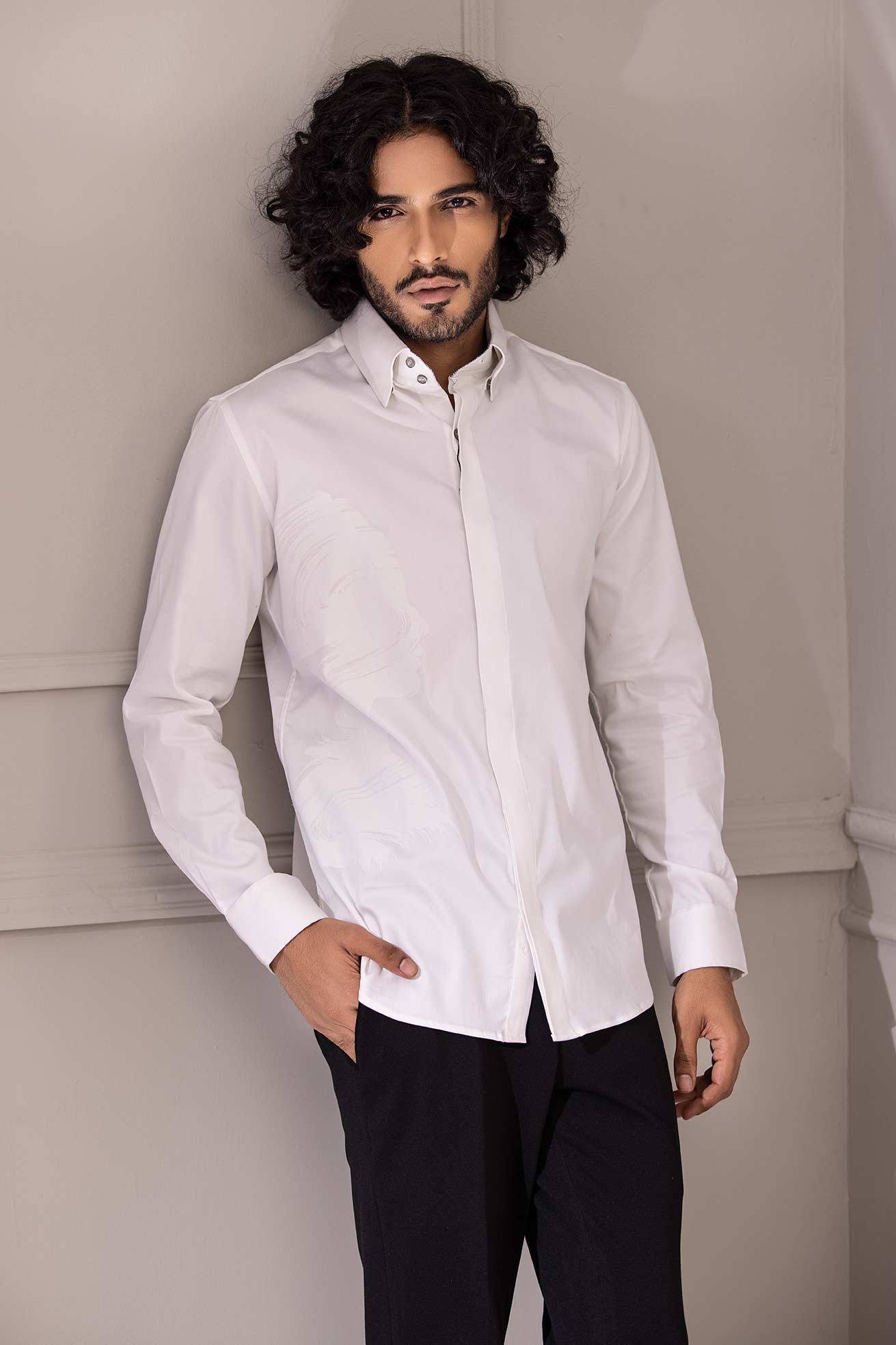 White full-sleeved shirt with digital print face motif