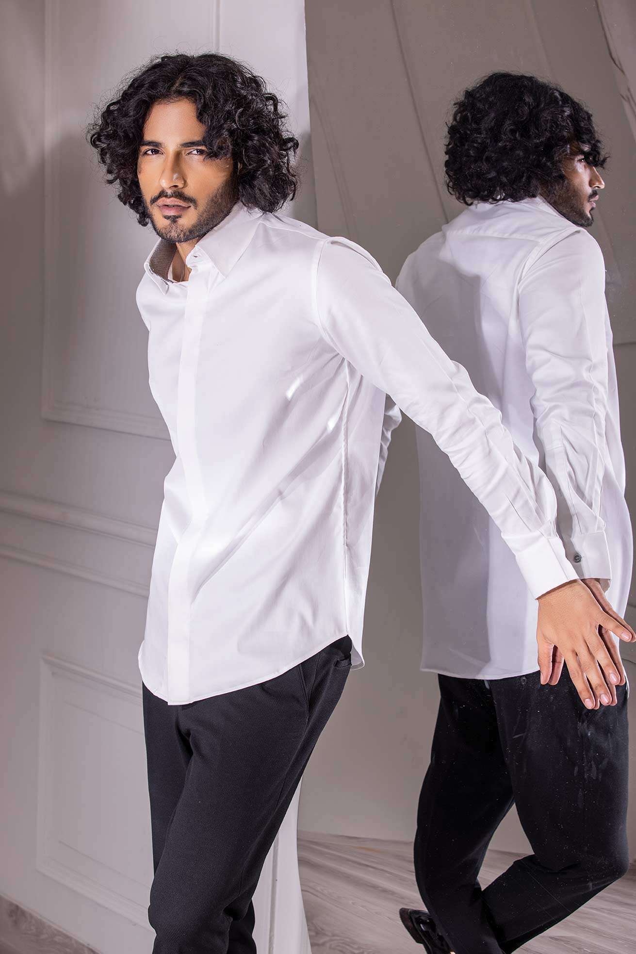 White full-sleeved shirt with digital print face motif