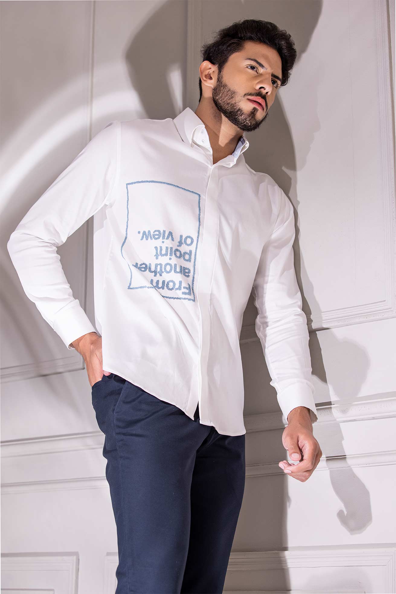 White full-sleeved shirt with digital print text motif