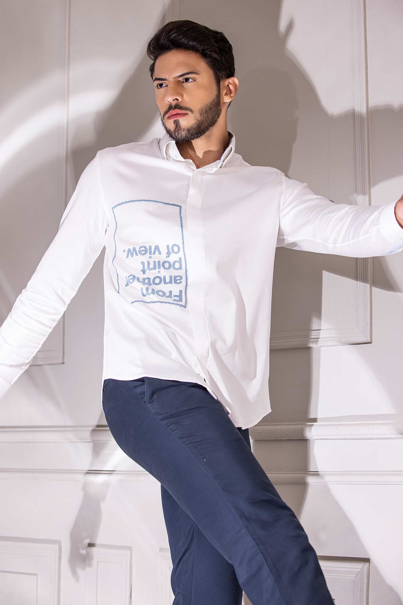 White full-sleeved shirt with digital print text motif