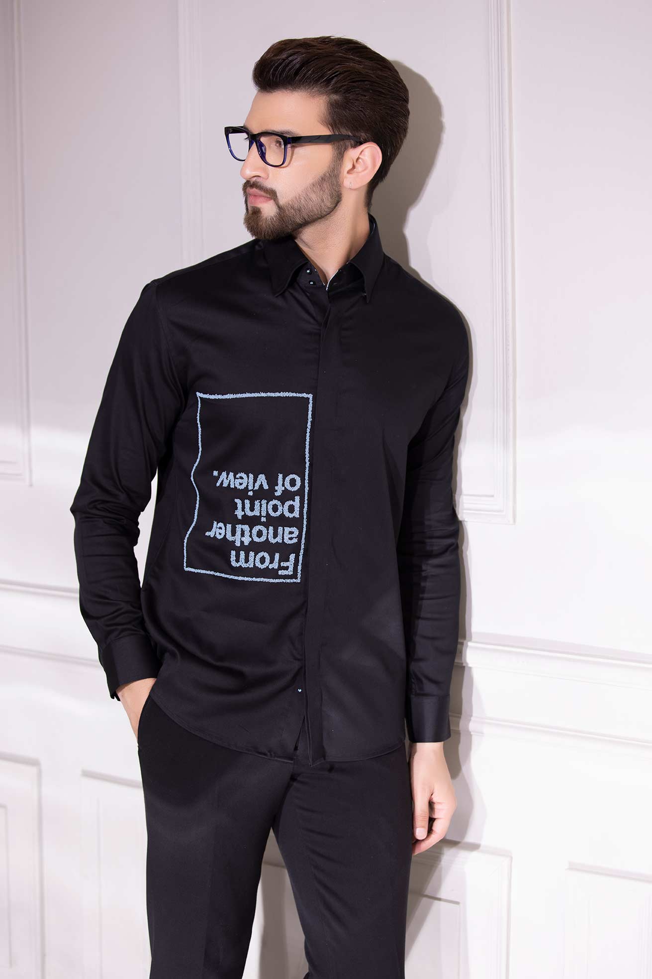 Black full-sleeved shirt with digital print text motif