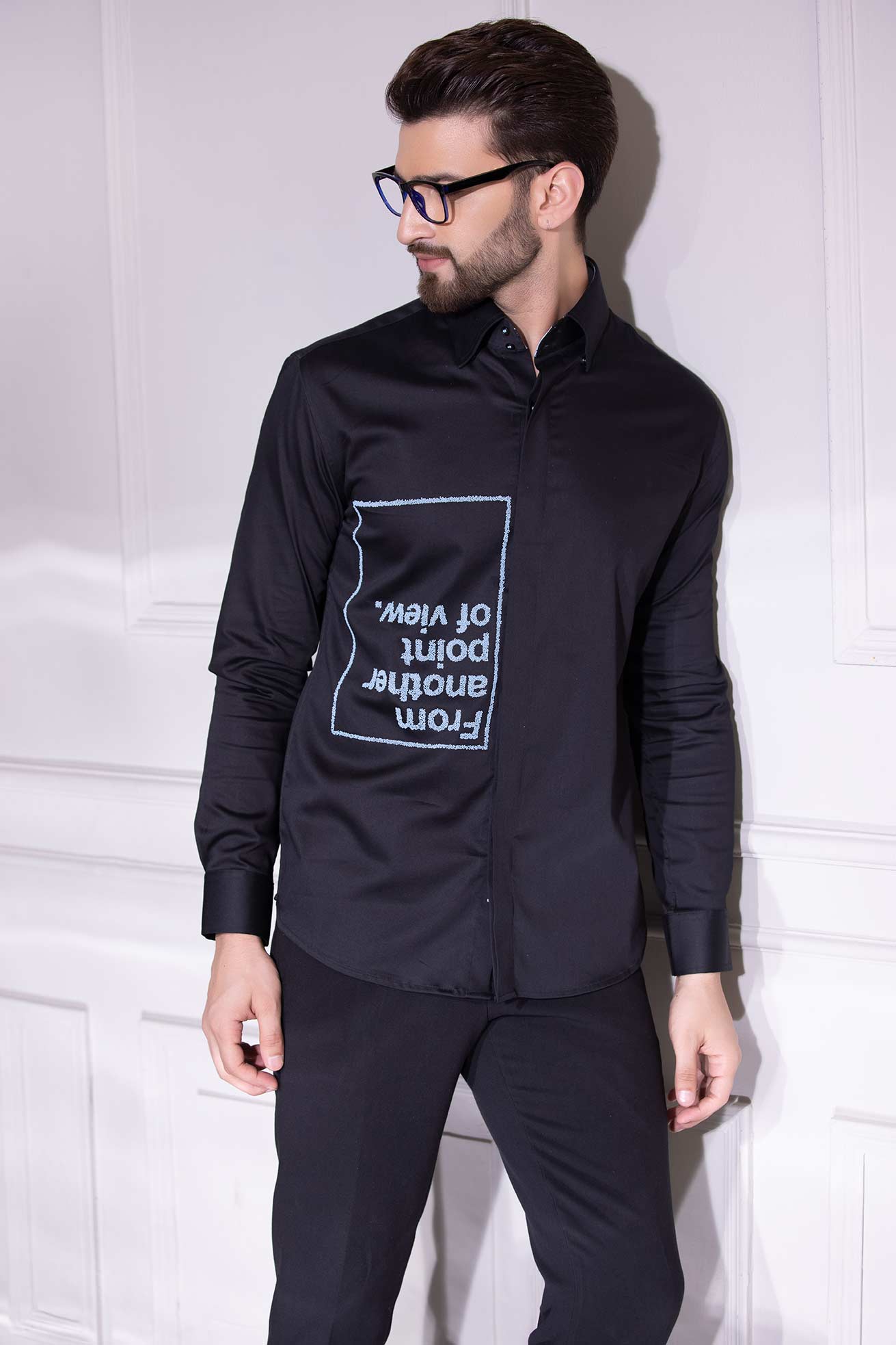 Black full-sleeved shirt with digital print text motif