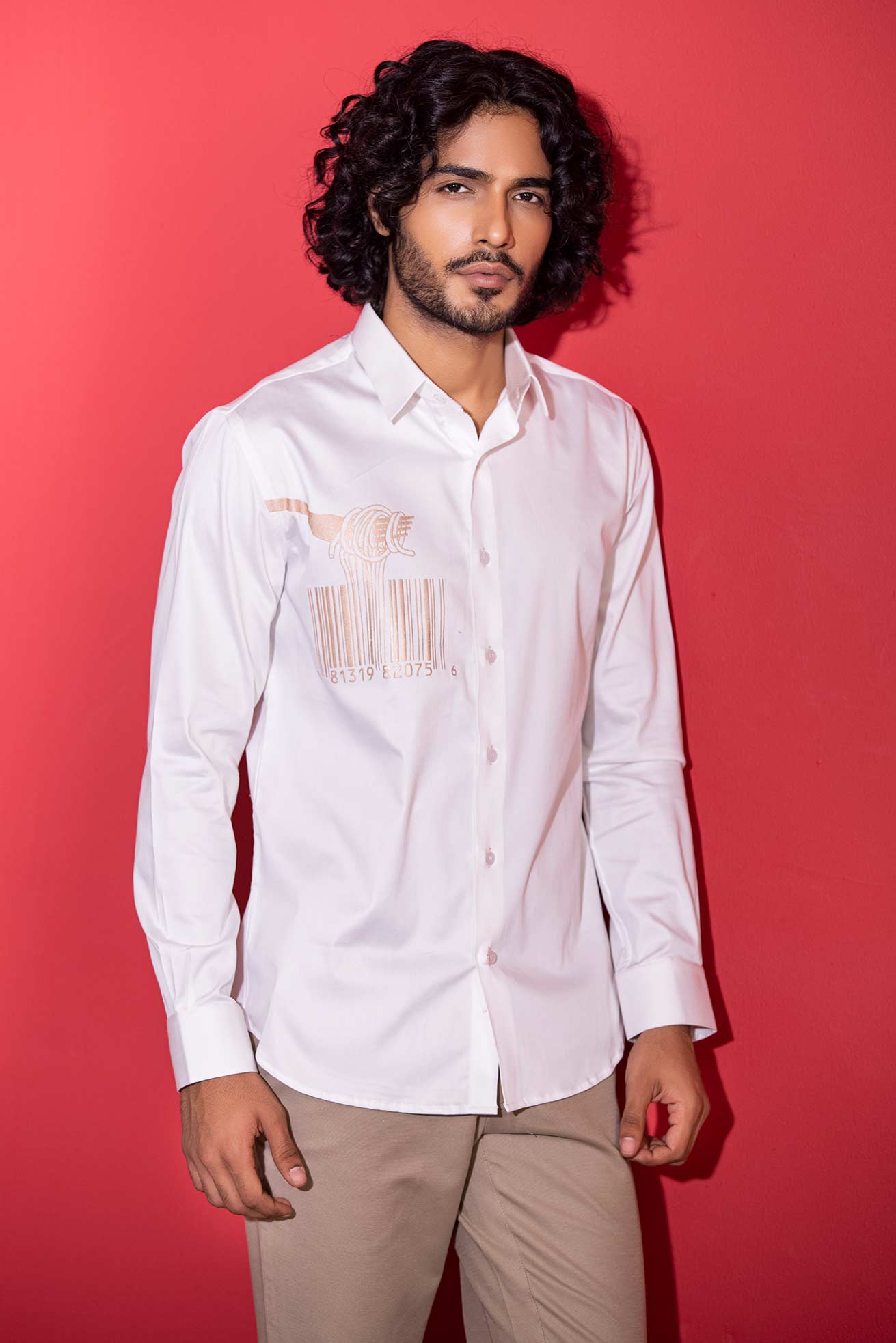 White full-sleeved shirt with digital print barcode motif