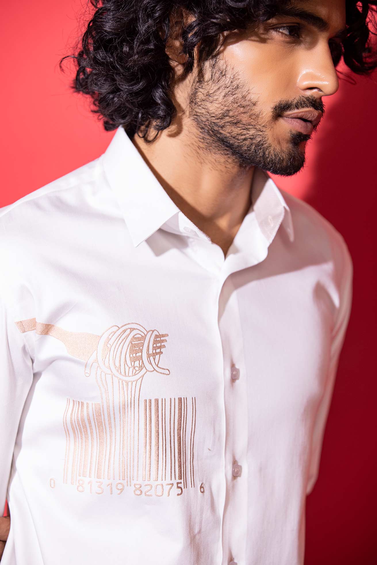 White full-sleeved shirt with digital print barcode motif