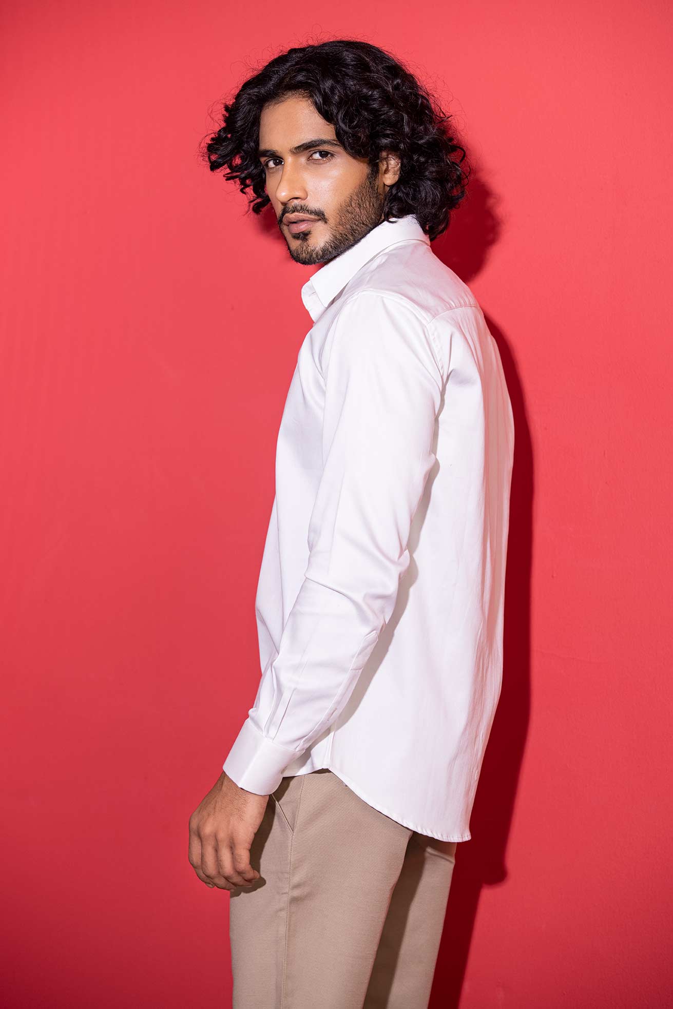 White full-sleeved shirt with digital print barcode motif