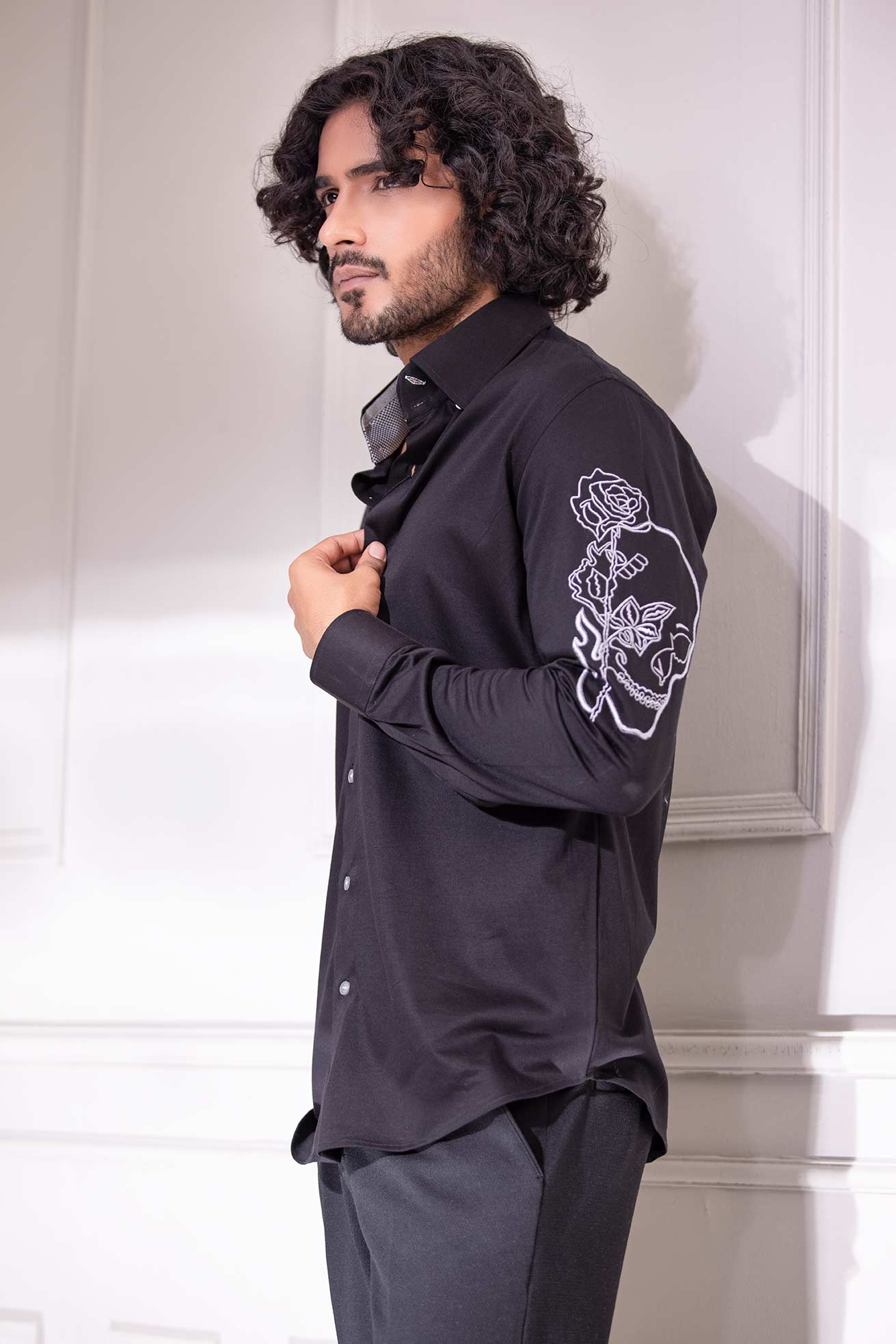 Black full-sleeved shirt with hand-embroidered skull motif