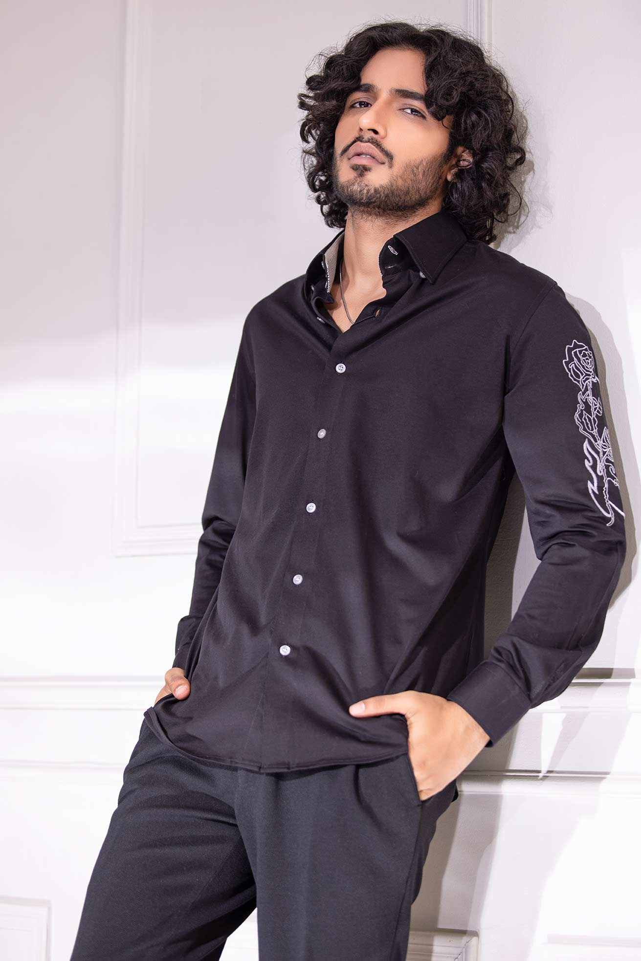 Black full-sleeved shirt with hand-embroidered skull motif