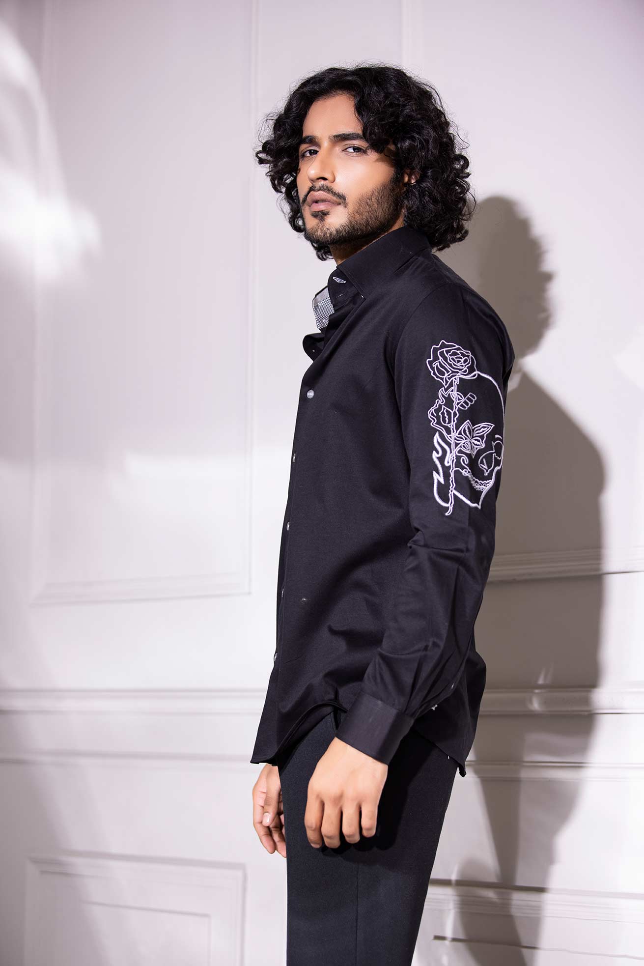 Black full-sleeved shirt with hand-embroidered skull motif