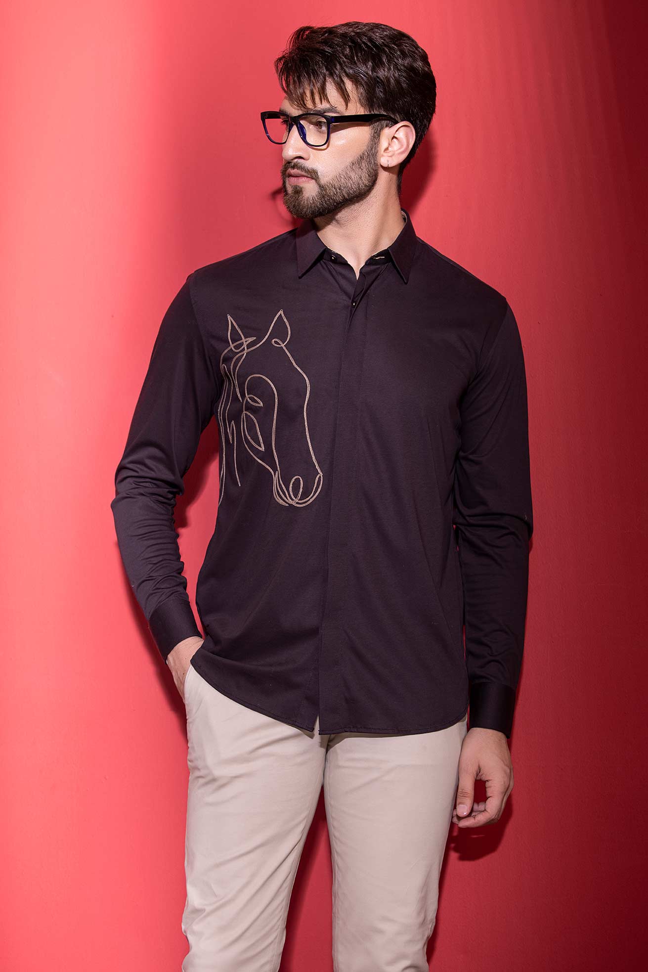 Brown full-sleeved shirt with hand-embroidered Horse motif