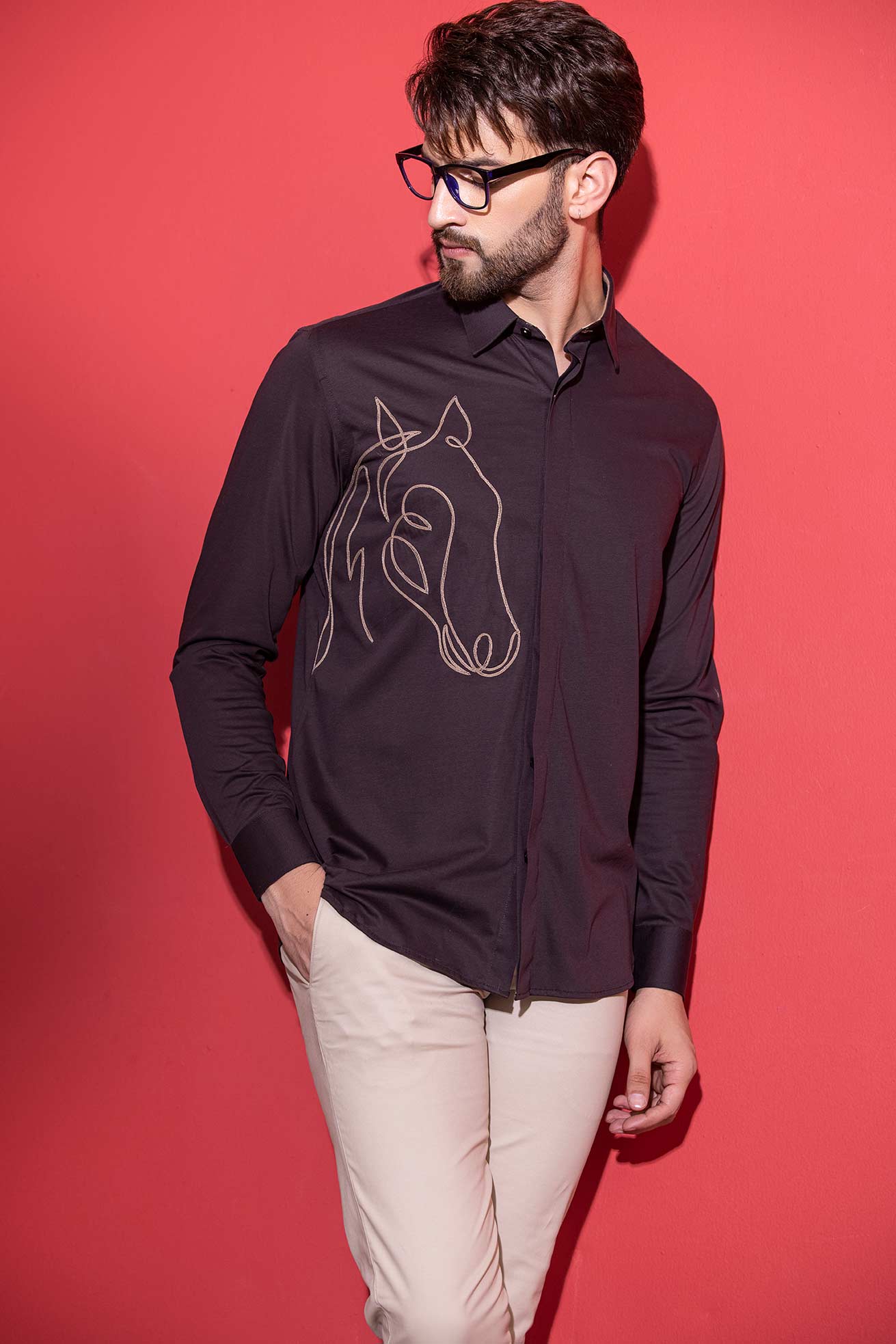 Brown full-sleeved shirt with hand-embroidered Horse motif